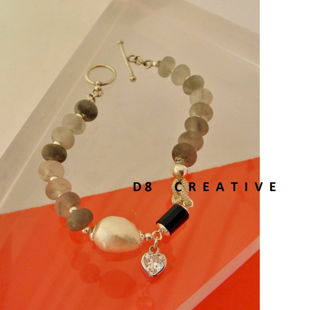 New Sterling Silver With Freshwater Pearl And Crystal Quartz Bracelet